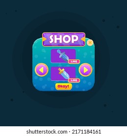 Game UI Shop  Double Swords Price Blue Turquoise Marine Sea Bubbles  Abstract Cute Cartoon Colorful Bright Pop Up Window Purple Gem Header Vector Design
