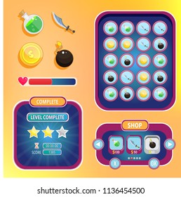 Game UI. Space graphical user interface set. Mobile game app. Buttons, icons, screens examples. Vector illustration
