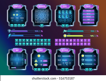 Game UI. Space graphical user interface set. Mobile game appliance in colors of universe night sky. Futuristic outer space infographic elements. Buttons, icons, screens examples. Vector illustration