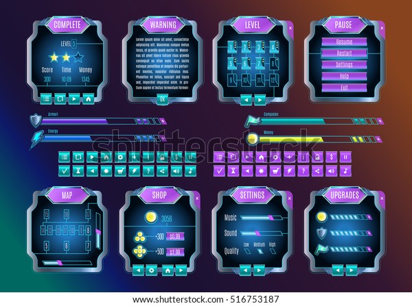 ゲームui スペースグラフィカルユーザーインターフェイスセット 宇宙の夜空の色のモバイルゲーム 機 未来的な宇宙のインフォグラフィックエレメント ボタン アイコン 画面の例 ベクターイラスト のベクター画像素材 ロイヤリティフリー
