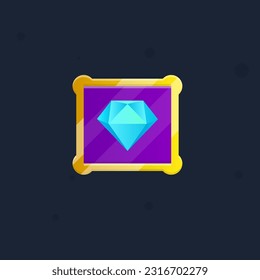Juego UI Cuadrado Icono de Diamante Azul Gema Oscuro Púrpura Ventana emergente con bordes redondeados dorados Diseño de vectores de caricatura