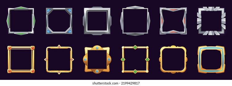 Game ui square frame. Empty border game asset items, cartoon stylized sprite graphic elements, GUI icons for mobile app user interface. Vector set. Silver and gold frames with colorful gemstones