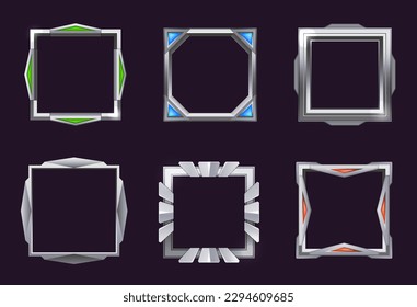 Cadre carré de l'ui du jeu. Cadres d'argent avec des pierres précieuses colorées. Illustration de métal à cadre argenté, image vectorielle carrée de l'interface de jeu