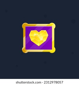 Game UI Square Heart Gem Icon Button Gem Dark Purple Window Pop Up With Golden Rounded Borders Cute Cartoon  Vector Design