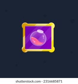 Juego UI Cuadrado Poción Líquida Botella Icono Gema Ventana Oscura Púrpura Surgida Con Bordes Dorados Cuto Diseño Vector De Caricatura