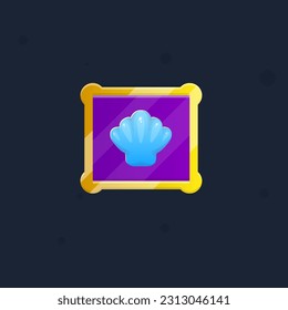 Game UI Square Shell Icon Button Gem Dark Purple Window Pop Up With Golden Rounded Borders Cute Cartoon  Vector Design