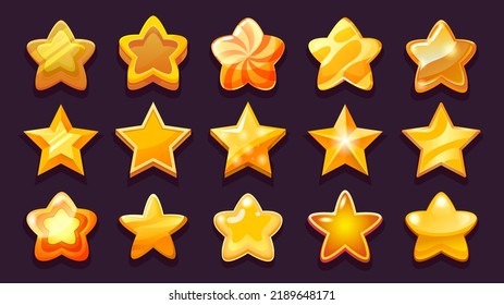 Game UI star. Golden bronze copper gaming win stars of various forms, 2D game asset of shining glossy achievement sign collection. Vector cute interface elements set of star achievement illustration