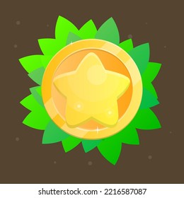 Game UI Star Icon For RPG Games Golden Yellow Colors In Coin And Plants Frame Cute Colorful Cartoon Vector Design