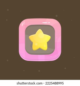 Game UI Star Icon For RPG Games Golden Yellow In Pink Square Glossy Fantasy Style Frame Cute Colorful Cartoon Vector Design
