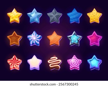 Game ui stars. Cartoon rate star for level up achievement medal or win experience bonus badge, user rank trophy gold wooden ice candy icons ui item, set swanky vector illustration original artwork