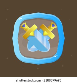 Game UI Swords Icon For RPG Games Golden Yellow Blue Colors In Blue Frame Cute Colorful Cartoon Vector Design