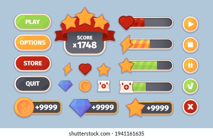 Game ui. User interface items flat panels icons buttons frames and dividers garish vector kit