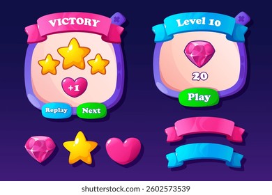 Game UI vector buttons. Set of boards, star icons and other attributes for game app