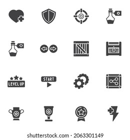 Game ui vector icons set, modern solid symbol collection, video gaming filled style pictogram pack. Signs, logo illustration. Set includes icons as life heart, health drink bottle, treasure chest