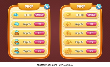 Game UI vector set - diamond shop and coin shop popups, buttons for building 2d games on mobile and web. This all-inclusive graphical user interface GUI set is in a soft style.