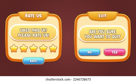 Game UI vector set - rate us and exit popups, buttons and stars for building 2d games on mobile and web. This all-inclusive graphical user interface GUI set is in a soft style.