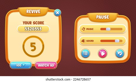Game UI vector set - revive and pause popups, buttons, diamond and sliders for building 2d games on mobile and web. This all-inclusive graphical user interface GUI set is in a soft style.