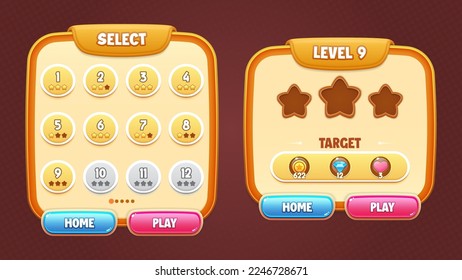 Game UI vector set - select level and start level popups, buttons, coin, heart and star for building 2d games on mobile and web. This all-inclusive graphical user interface GUI set is in a soft style.