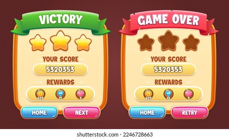 Game UI vector set - victory and game over popups, buttons, coin, diamond and heart for building 2d games on mobile and web. This all-inclusive graphical user interface GUI set is in a soft style.