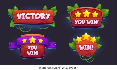 Game ui victory badge element, level winner award design with ribbon. Star score board for complete review template kit. Popup banner graphic for gift prize with leaves and tropic nature isolated gui.