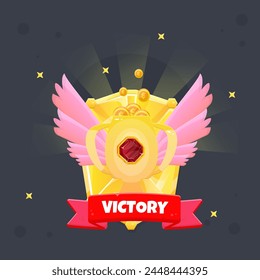 Game UI Victory Winner You Win Red Gem Golden Badge Cup Pink Wings Coins Vector Design