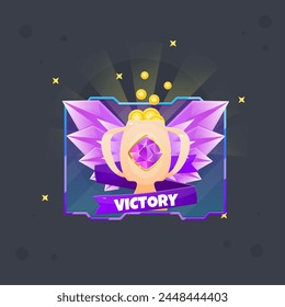 Game UI Victory Winner You Win Purple Futuristic Badge Cup Wings Coins Vector Design