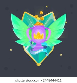 Game UI Victory Winner You Win Golden Crown Gem Purple Badge Cup Green Fairy Wings Coins Vector Design