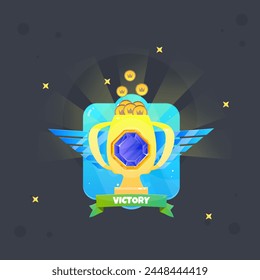 Game UI Victory Winner You Win Blue Gem Golden Badge Cup Blue Futuristic Wings Coins Vector Design