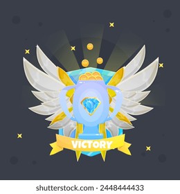 Game UI Victory Winner You Win Blue VIP Badge Cup Wings Coins Vector Design