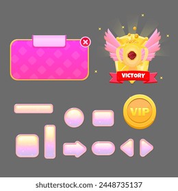 Juego UI VIP Coin Casino Botones Ventana Set Burbujas de color rosa Bokeh Bordes de color naranja dulce suave lindo caricatura colorida de caramelo de la moda brillante Victory Badge Diseño de Vector