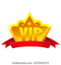 Icono VIP de la interfaz de usuario del juego Corona de oro con cinta roja. Icono de diseño de vector