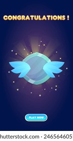 Juego UI Ganar Página Móvil Recompensa Medalla Azul Alas Para Juegos Grado Dibujos Animados Lindo Colorido Púrpura Diseño de Vector