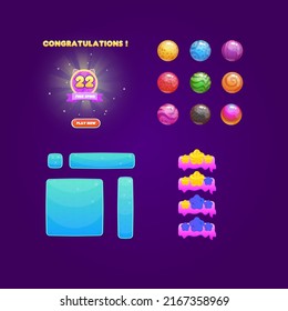 Game UI Win Page For Games  Free Spins Grade Cartoon Cute Colorful Purple Gold Cat Style Frame And Icons Bubbles Windows Candy Headers Vector Design