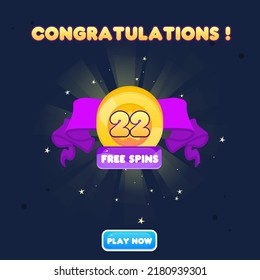 Game UI Win Page For Games  Free Spins Grade Golden Coin Purple Ribbon Cartoon Cute Colorful Purple Vector Design