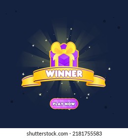 Game UI Win Page For Games Badge Pop up Grade Golden Ribbon Purple Gift Gem Buttons Cartoon Cute Colorful Vector Design