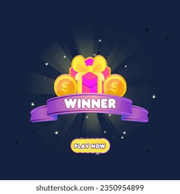 Game UI Win Page For Games Badge Pop up Grade Purple Ribbon Pink Gift Golden Coins Gem Buttons Cartoon Cute Colorful Vector Design