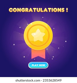 Game UI Win Page Reward Coin Medal Level Up For Games  Grade Cartoon Cute Colorful Purple Vector Design