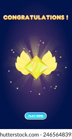 Game UI Win Page Reward Gem Wings For Games Grade Cartoon Cute Colorful Purple Vector Design