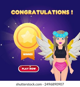 Game UI Win Page Reward Coin Medal Level Up For Games Grade Cartoon Casino With Fantasy Girl With Wreath And Wings Cute Colorful Purple Vector Design