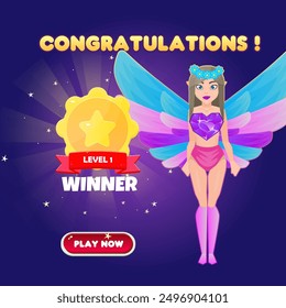 Game UI Win Page Reward Coin Medal Level Up For Games Grade Cartoon Casino With Fantasy Girl With Flowers Wreath And Wings Cute Colorful Purple Vector Design