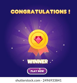 Game UI Win Page Reward Coin Medal Red Gem Level Up For Games Grade Cartoon Casino Cute Colorful Purple Vector Design