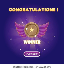 Game UI Win Page Reward Coin Medal Wings Level Up For Games Grade Cartoon Casino Cute Colorful Purple Vector Design