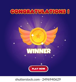 Game UI Win Page Reward Coin Medal Winner Level Up For Games Grade Cartoon Casino Cute Colorful Purple Vector Design