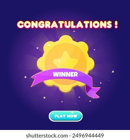 Juego UI Ganar Página Recompensa Moneda Medalla Cinta púrpura Ganador Nivel Para Juegos Grado Dibujos Animados Casino Lindo Colorido Púrpura Diseño de Vector