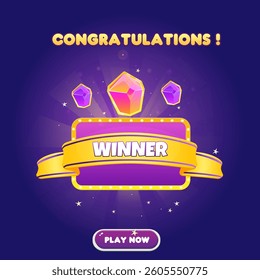 Game UI Win Page Reward Ribbon Lights Glow Crystals Level Up For Games Grade Cartoon Casino Cute Colorful Purple Vector Design