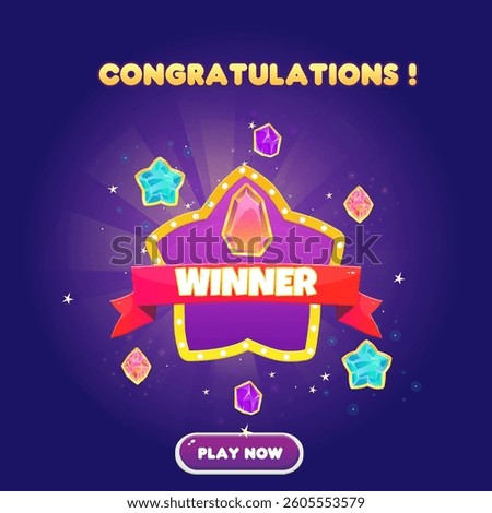 Game UI Win Page Reward Red Ribbon Star Lights Glow Crystals Level Up For Games Grade Cartoon Casino Cute Colorful Purple Vector Design