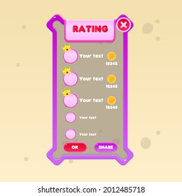 Game UI Window Rating Coins Glamour Juicy Colorful Cute Cartoon With Square Angles With Borders In Brown Purple  Color  With Header And Close Button Vector Design