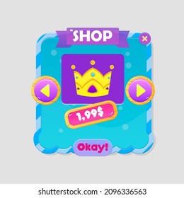 Game UI Window Shop Crown Price Blue Sky Turquoise Purple Bubbles Sea Liquid Theme Borders Ribbon Header Sweet Soft Cute Colorful Cartoon Vector Design