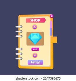 Game UI Window Shop Diamond Price Copy Book   Right Bookmarks Header Sticker  Note Pad Cooking Cute Cartoon Orange Beige Vector Design