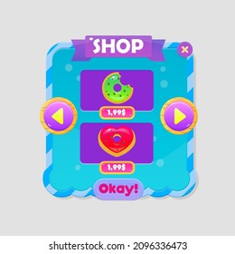 Game UI Window Shop Double Donuts Price Blue Sky Turquoise Purple Bubbles Sea Liquid Theme Borders Ribbon Header Sweet Soft Cute Colorful Cartoon Vector Design